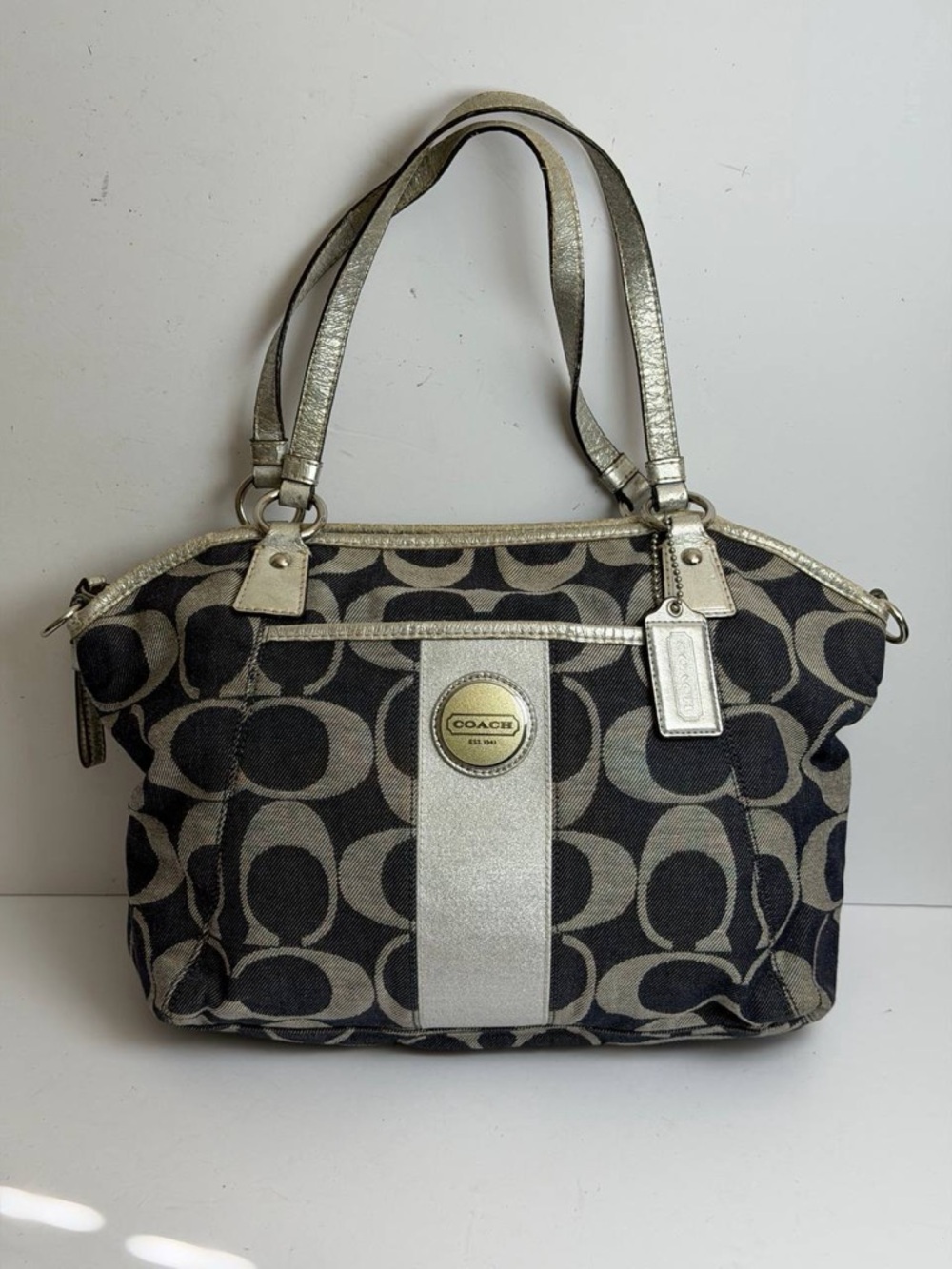Coach Signature C Denim Stripe Tote Bag Silver Accents